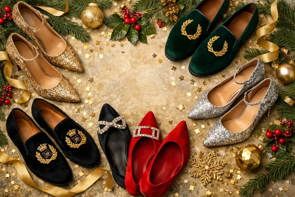 A festive holiday shoe collection featuring women's heels and men's dress shoes arranged for a party.