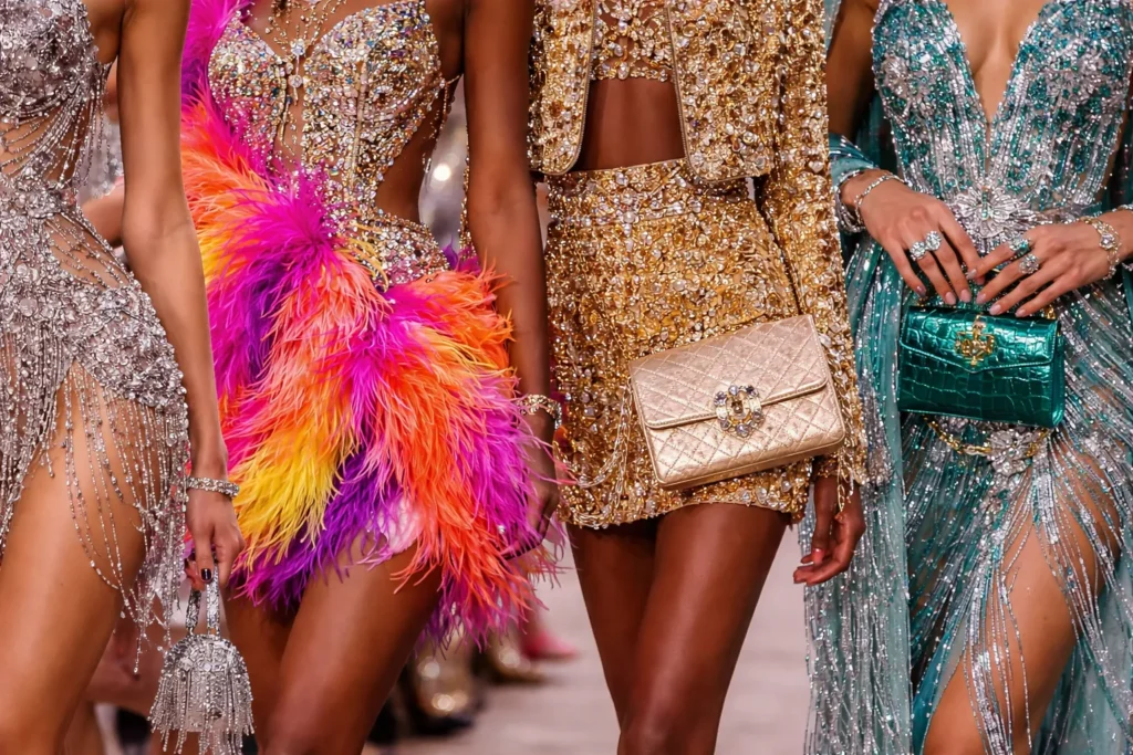 Close-up of diverse textures and colors from a luxury fashion show runway, highlighting the detail of fashion show outfits."