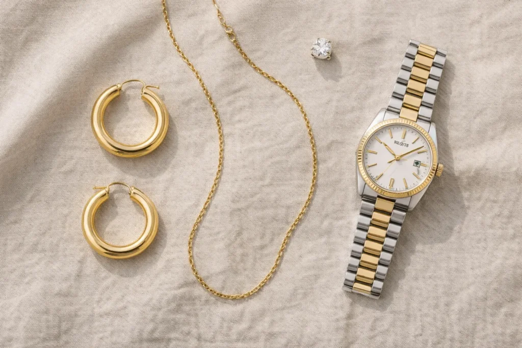 A flat lay of essential jewellery pieces: classic gold hoops, a diamond stud, a simple chain necklace, and a timeless watch.