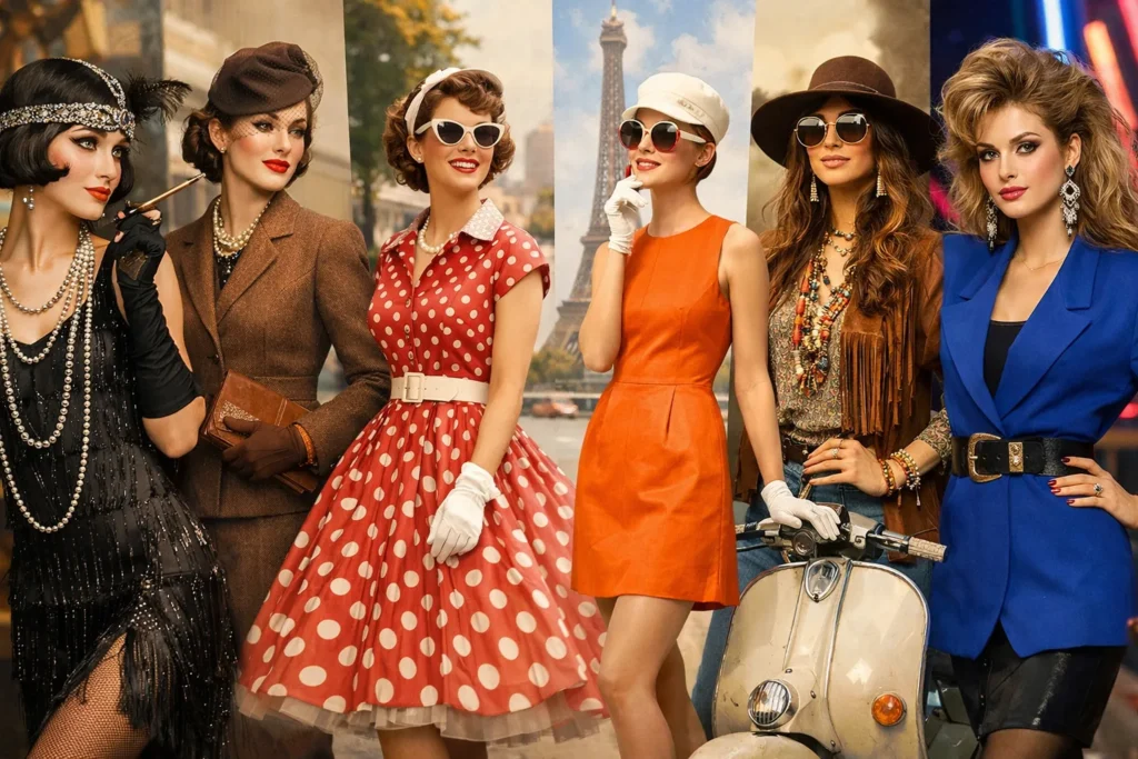 A stylish collage of women wearing vintage fashion outfits from different decades.
