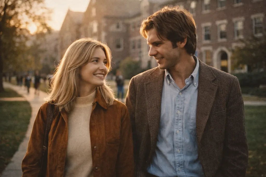 Mary Marquardt and Harrison Ford in a vintage-style campus setting representing Mary Marquardt’s early life.