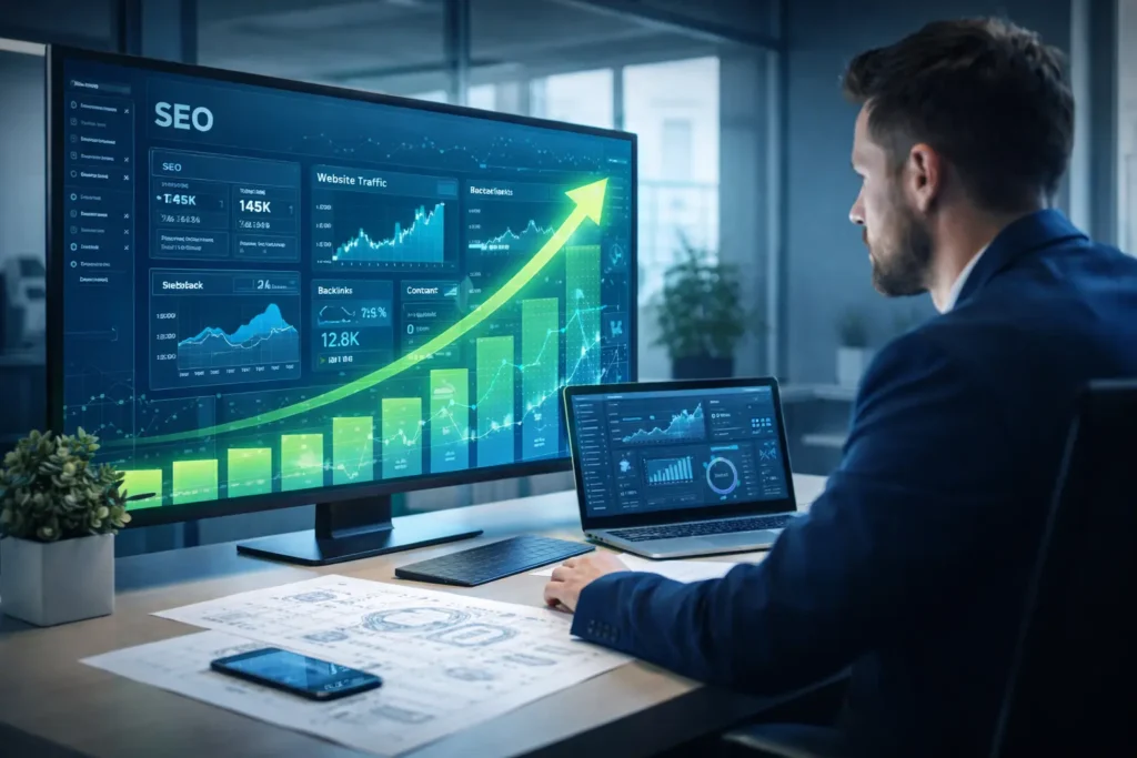 Weblinkfusion.com review showcasing SEO analytics dashboard and sustainable digital growth strategy platform.