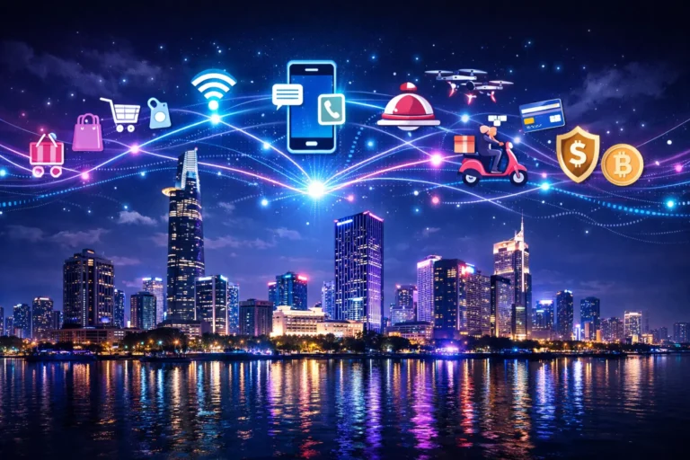 Chóim24h Vietnam 24/7 digital ecosystem illustration with connected mobile apps, e-commerce, fintech, and delivery network over a glowing night city skyline.
