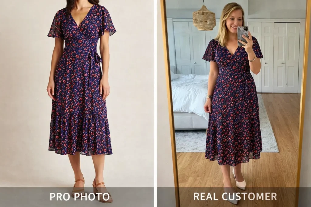 A split-screen image showing a professional product photo of a dress on one side, and a real customer's photo wearing the same dress on the other.