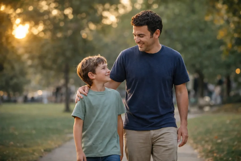 Auggie Savage walking with his father Fred Savage during a casual family outing in a park setting.