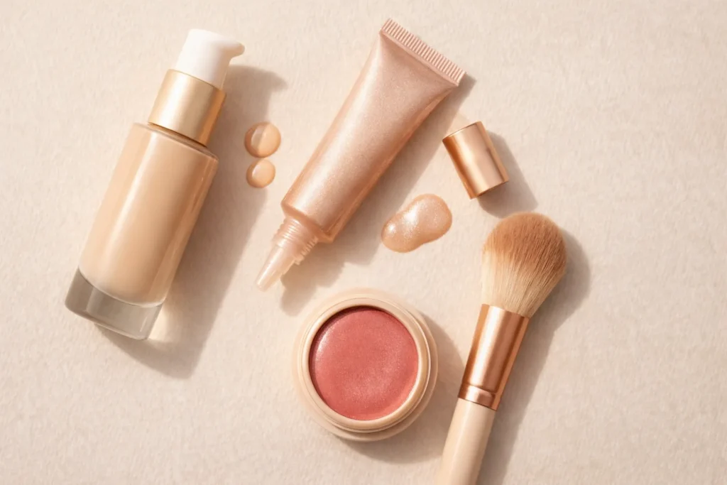 A flat lay of makeup products for a dewy skin look, including a liquid highlighter, cream blush, and a hydrating foundation