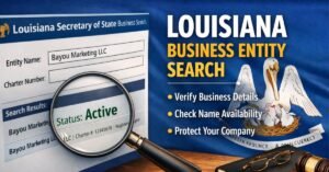 Louisiana business entity search illustration showing Secretary of State lookup screen, magnifying glass, and active company status