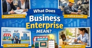 Infographic explaining what does business enterprise mean with examples of business structures, profit growth, and startup concepts