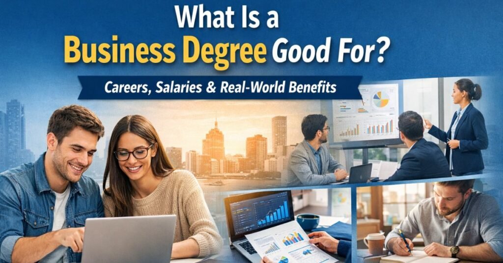 What is a business degree good for featured image showing careers, salaries, and real-world benefits in finance, marketing, and leadership