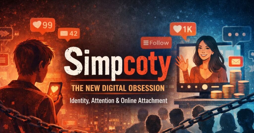 Simpcoty concept illustration showing a person emotionally attached to a social media influencer on screen, with notification icons, likes, follow button, and chains symbolizing digital attention and online attachment.
