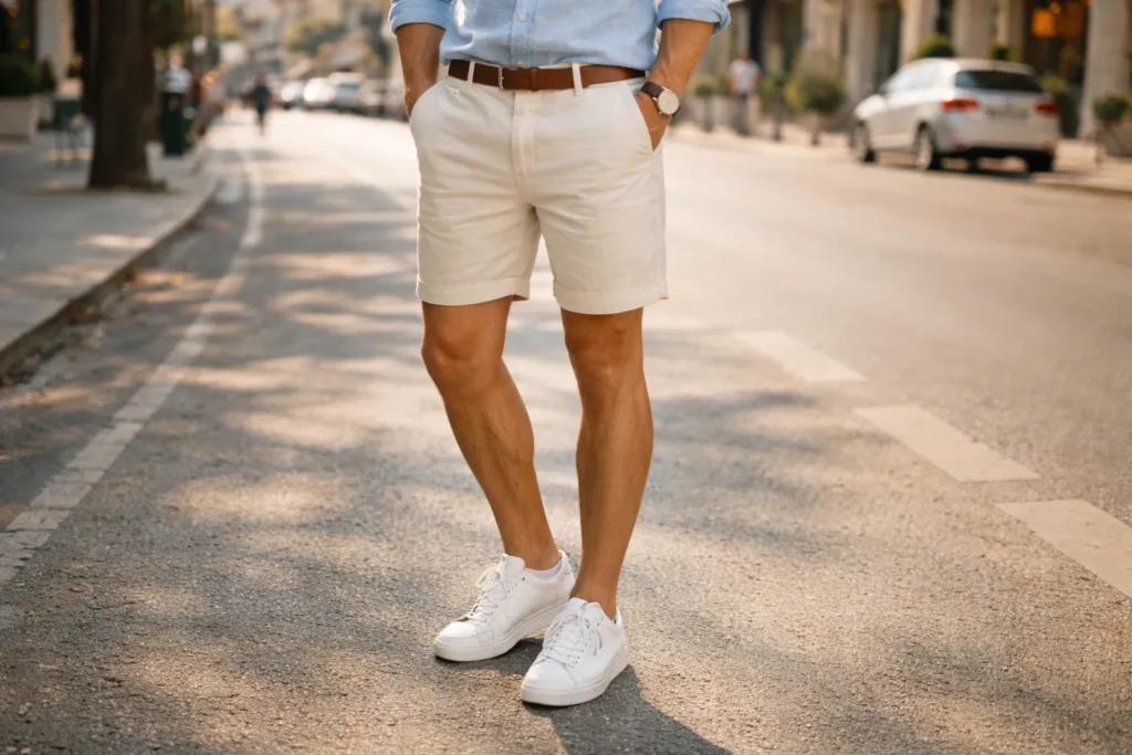A man from the waist down wearing perfectly fitted chino shorts and clean white sneakers.