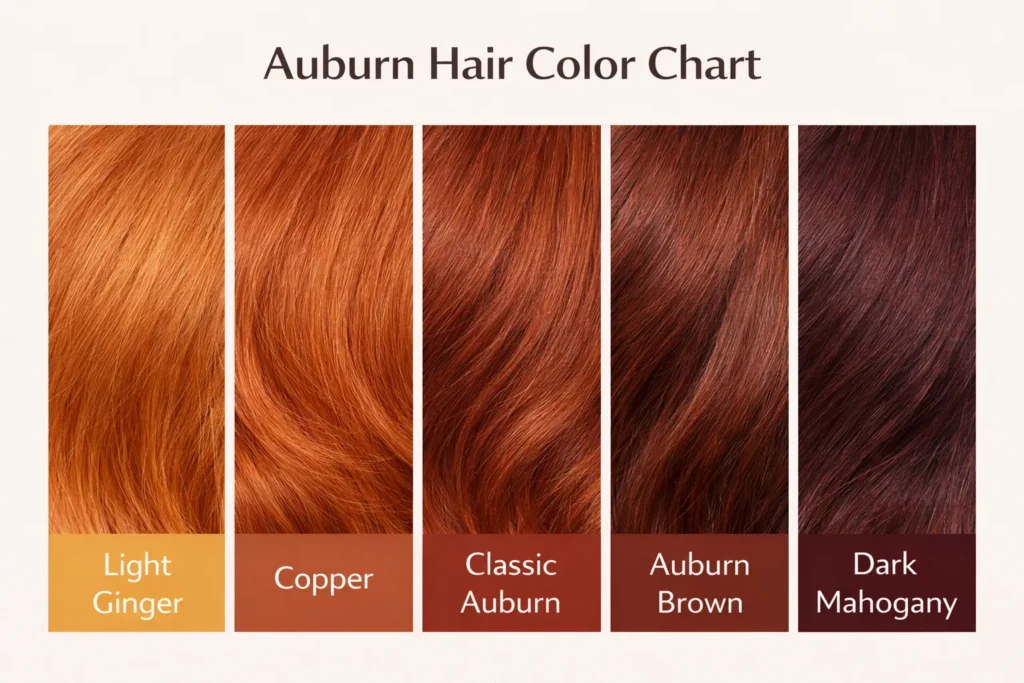 Chart showing different shades of auburn hair color from light ginger to dark mahogany