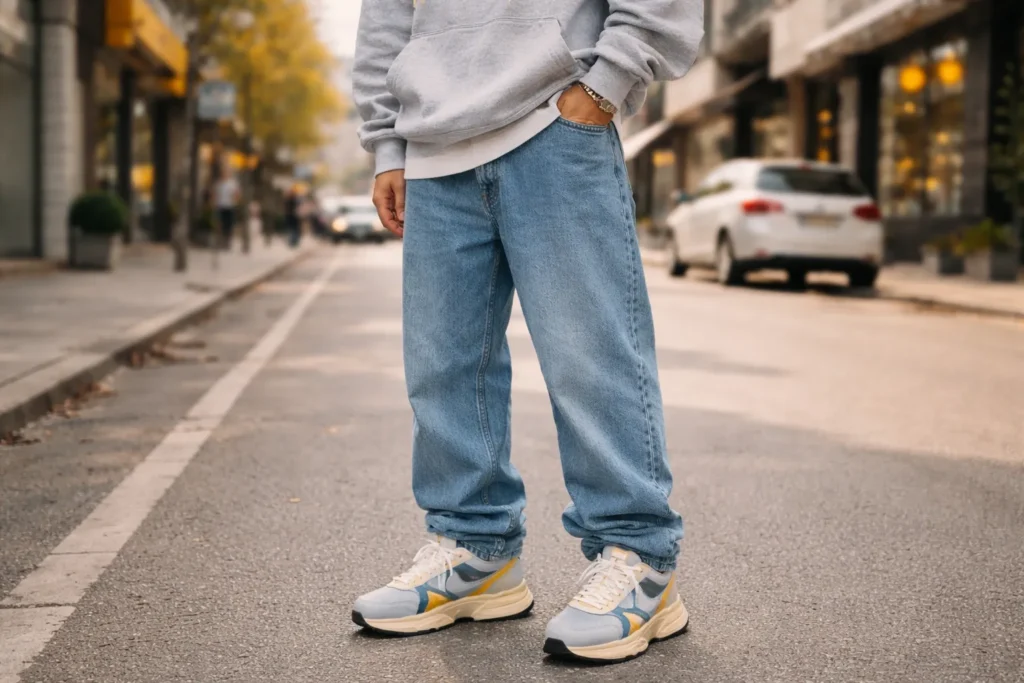 A streetwear outfit featuring chunky retro running shoes, baggy jeans, and a hoodie.