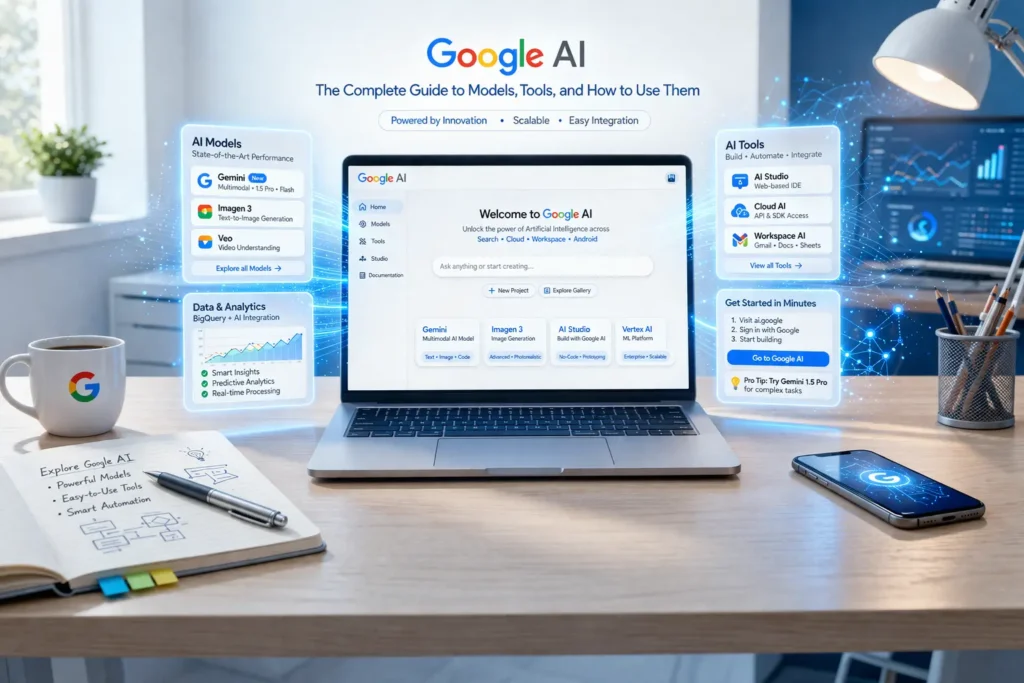 Google AI tools and models displayed on a laptop screen with digital interface for productivity and automation