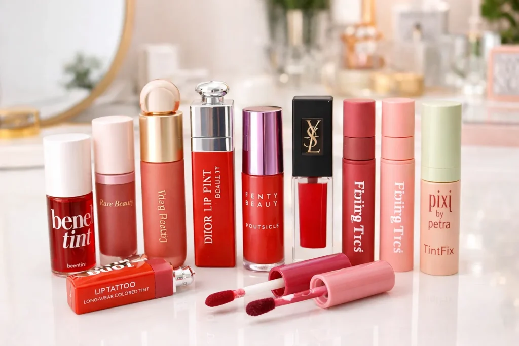 A collection of the best lip stain products in various shades displayed on a clean vanity"