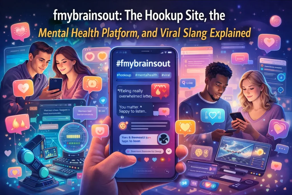 Digital illustration representing fmybrainsout as internet slang, a hookup site reference, and an online mental health discussion platform