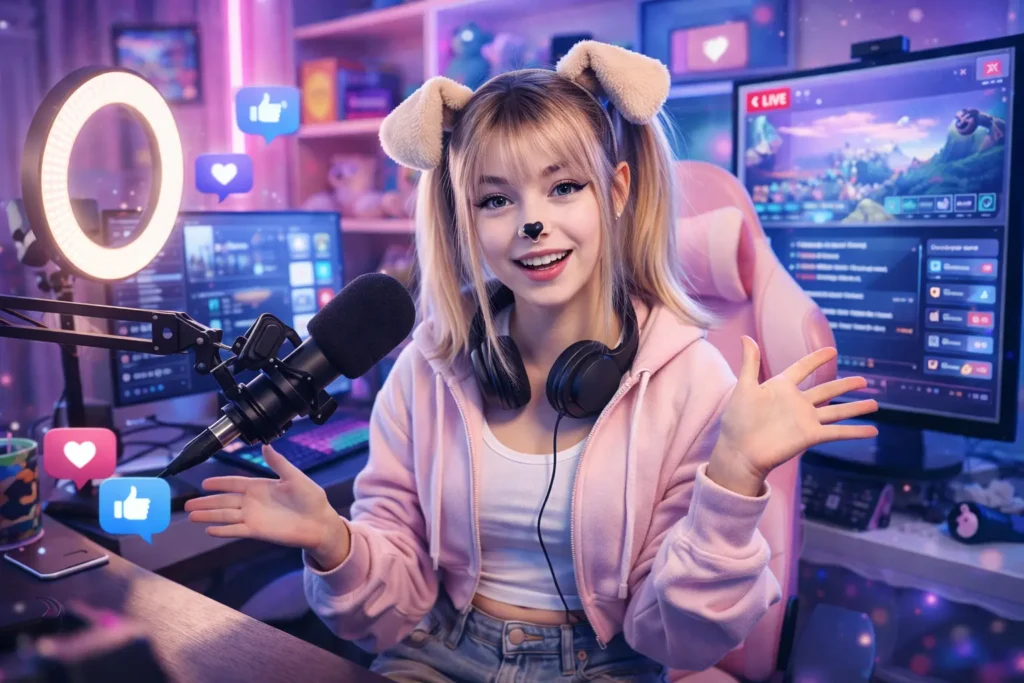 Puppygirlxd inspired internet influencer persona streaming online in a colorful gaming setup with playful dog-ear headband and social media backdrop.