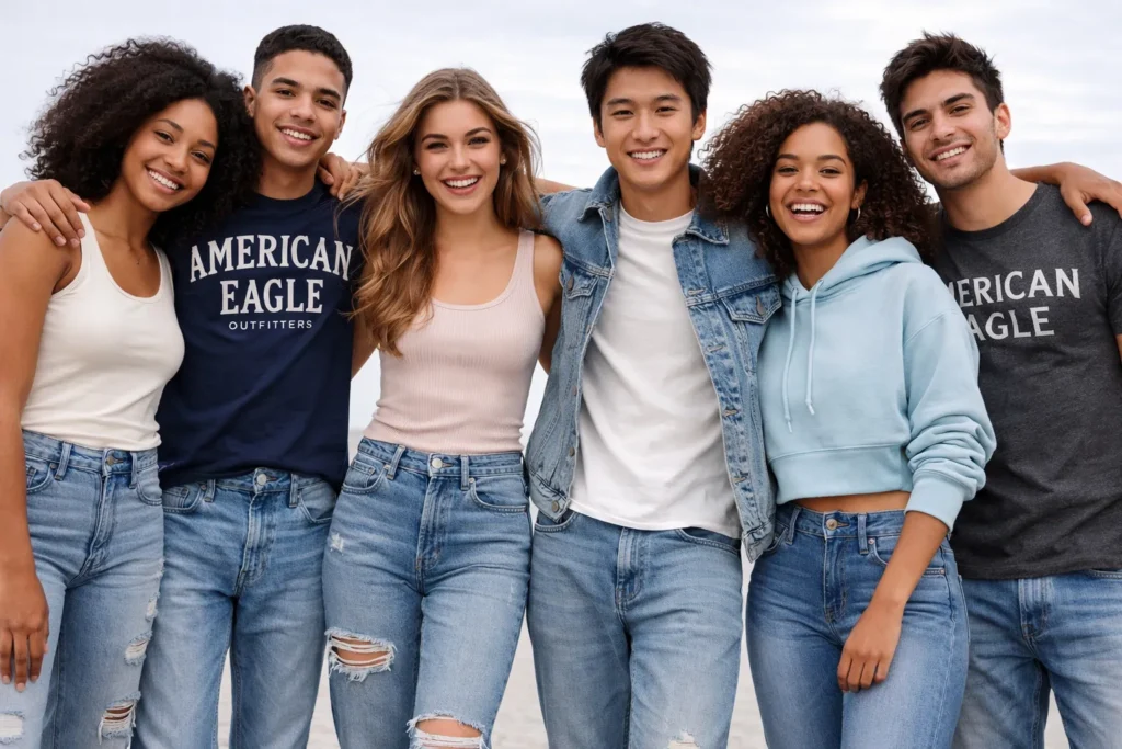 A diverse group of young adults wearing American Eagle Outfitters jeans and casual apparel