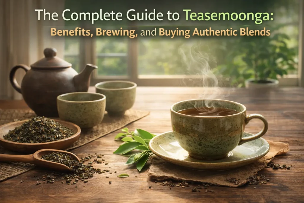 Teasemoonga tea brewing scene with steaming cup, loose tea leaves, and traditional teapot