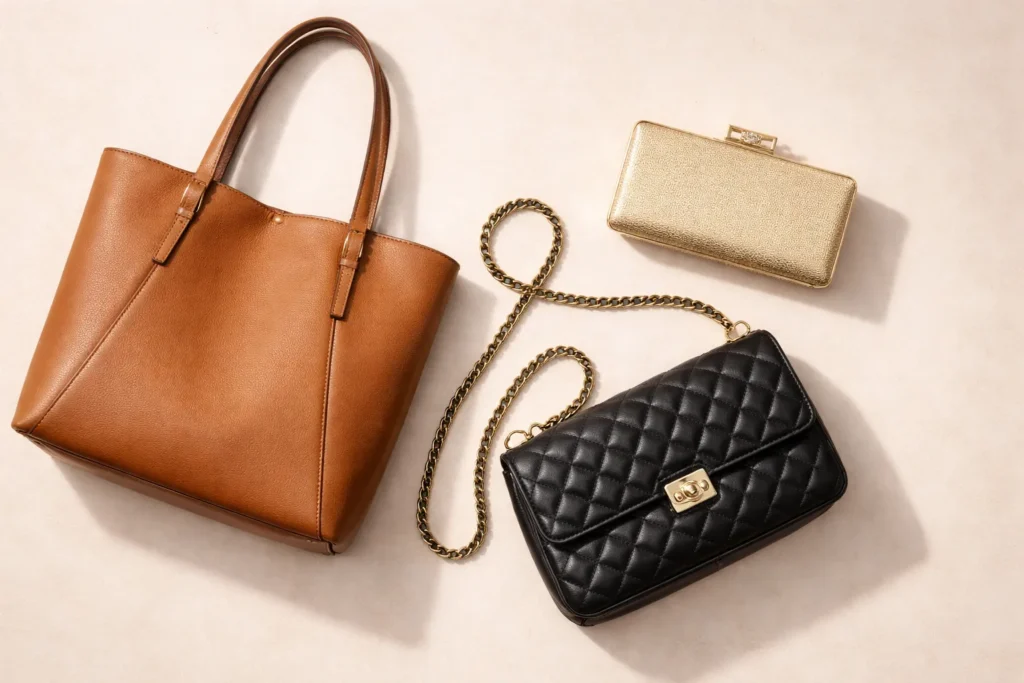 A flat lay of three essential handbags: a large tan leather tote, a black quilted crossbody bag, and a small gold evening clutch