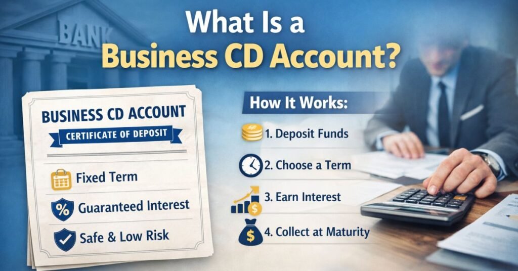 “Infographic explaining what a business CD account is, showing fixed term deposits, guaranteed interest, and business savings growth.”