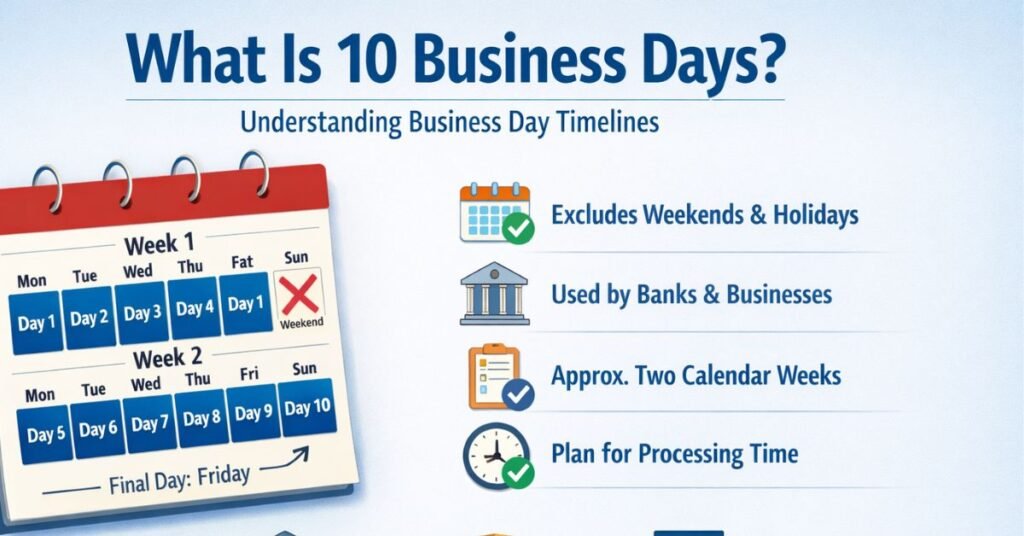 Infographic explaining what 10 business days means with weekday calendar timeline excluding weekends