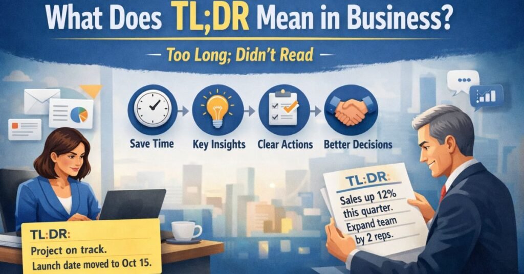 “Infographic explaining what TLDR means in business communication with examples of summarized emails and reports.”