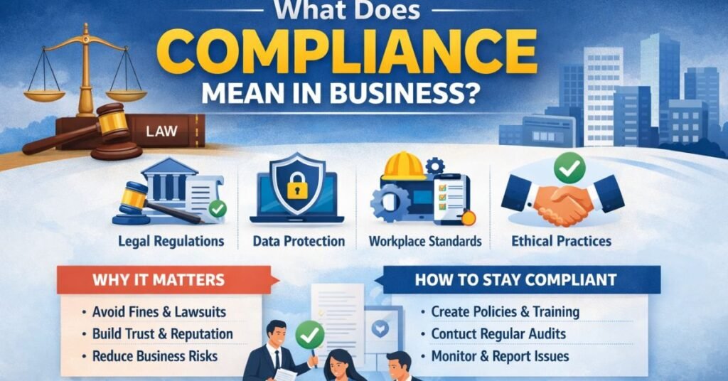 Business compliance infographic explaining legal regulations, data protection, workplace standards, and ethical practices in business.