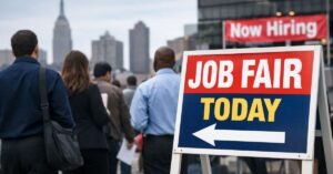 Job seekers gather at a city job fair as signs advertise hiring, illustrating rising unemployment rate and a slowing labor market.