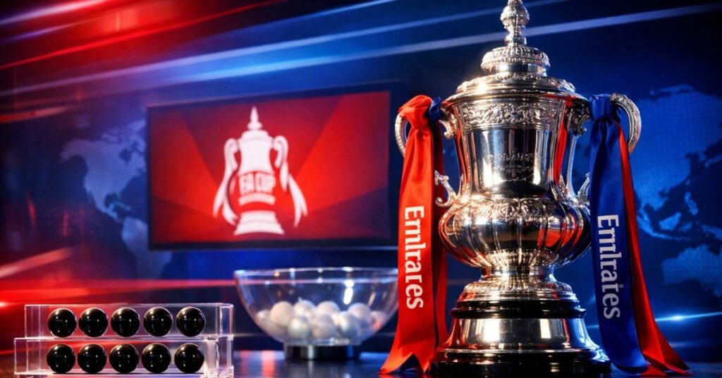 FA Cup quarter-final draw balls and FA Cup trophy displayed in a professional newsroom studio with red and blue breaking news background.