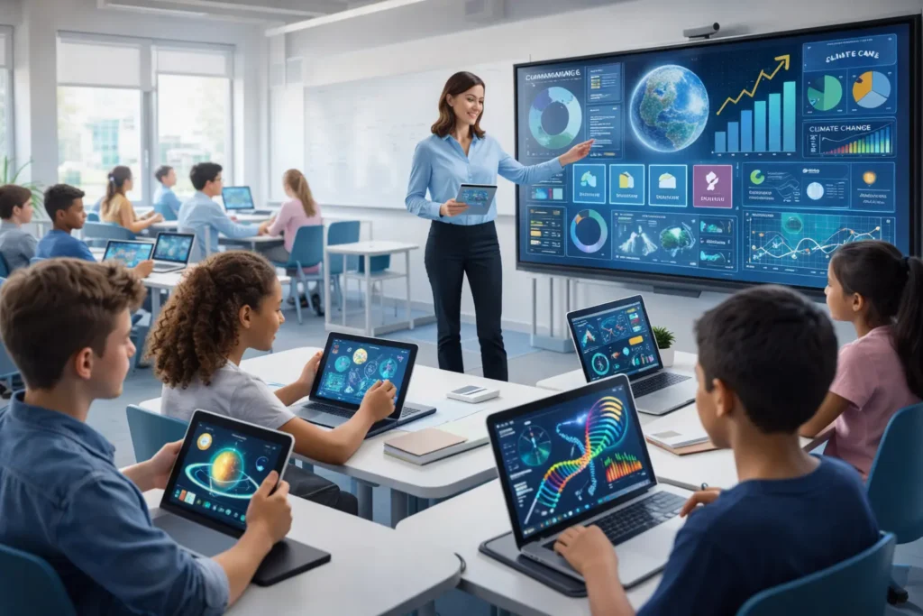 Classroom 15x future-ready learning model with students using tablets and digital smart boards in a modern tech-enabled classroom.