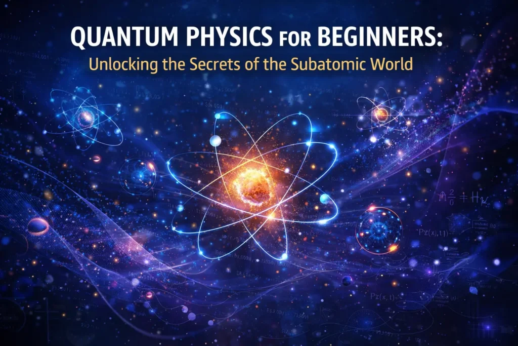 Visualization of quantum physics for beginners showing glowing atoms, electrons, and subatomic particles in a futuristic scientific illustration.