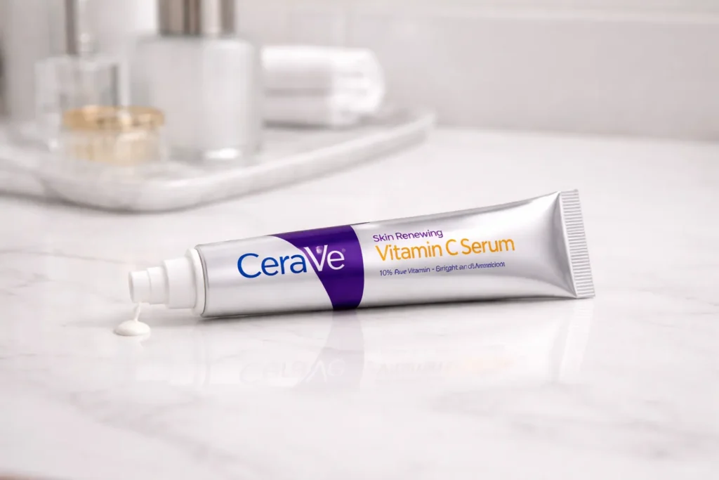 A sleek metal tube of CeraVe Skin Renewing Vitamin C Serum resting on a clean bathroom counter