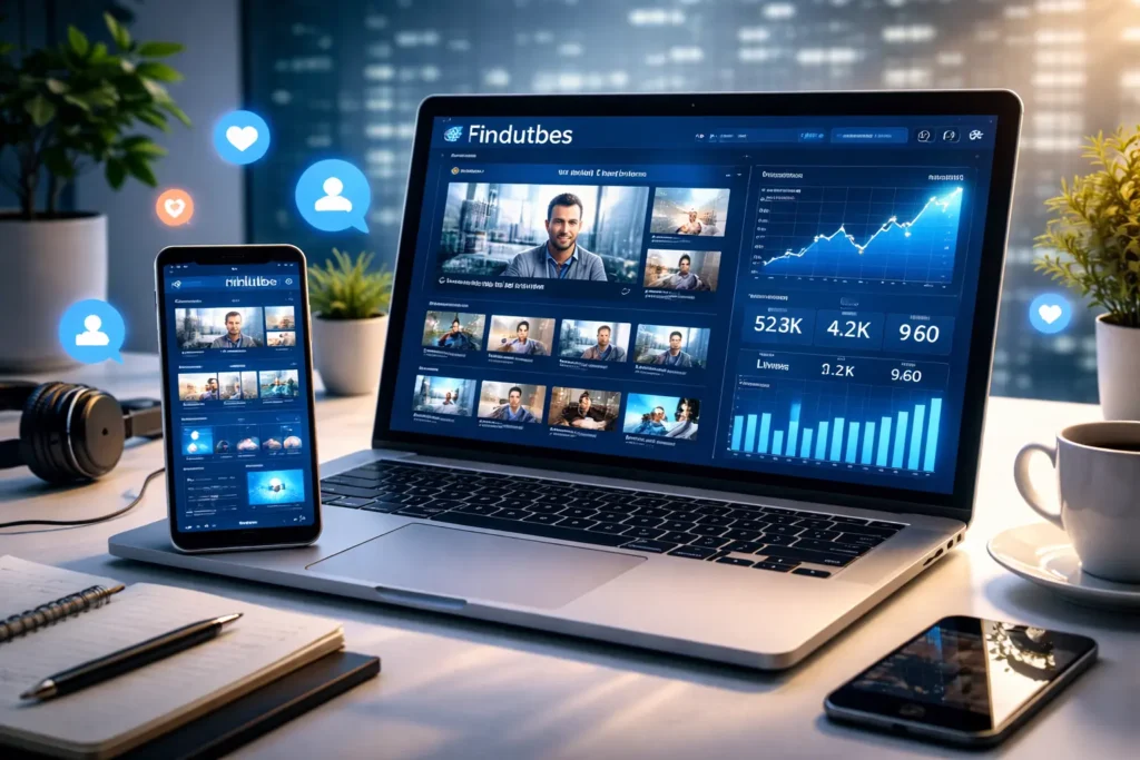Findutbes platform dashboard displayed on laptop and smartphone showing digital content and analytics interface