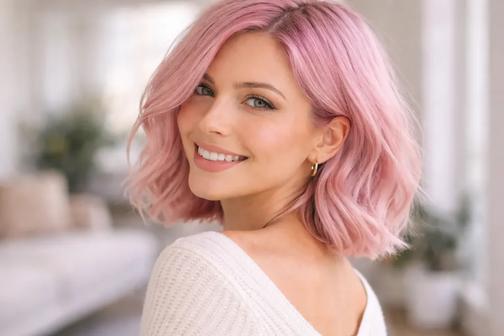A woman with a faded pastel pink bob looking over her shoulder