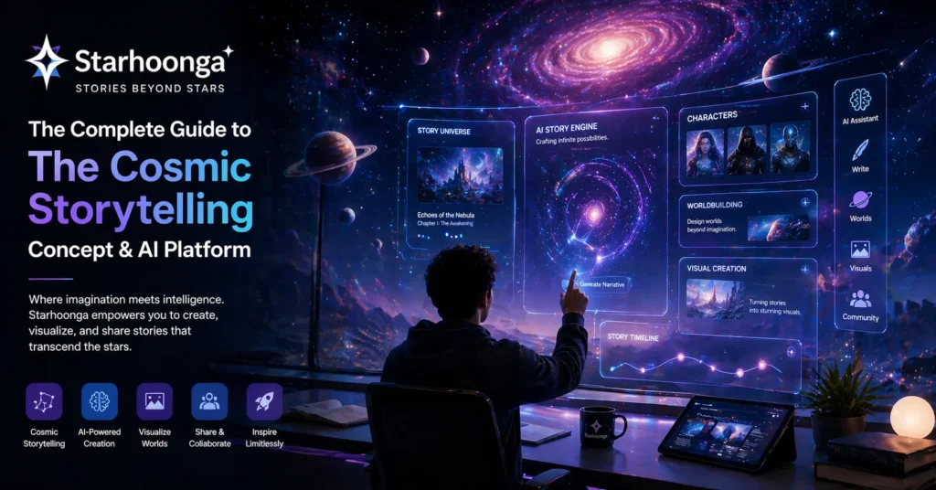 Starhoonga AI platform visualizing cosmic storytelling with futuristic holographic interface and galaxy elements