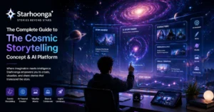 Starhoonga AI platform visualizing cosmic storytelling with futuristic holographic interface and galaxy elements