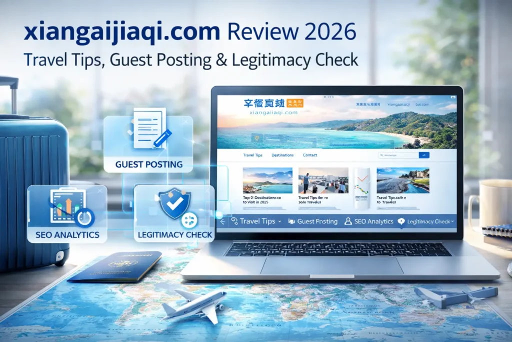 xiangaijiaqi.com review 2026 displayed on laptop with travel blog dashboard, guest posting and legitimacy check elements