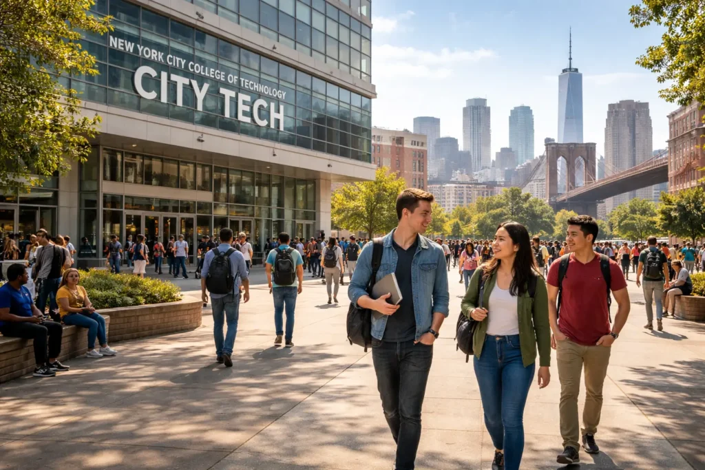 New York City College of Technology City Tech campus with students and urban Brooklyn setting