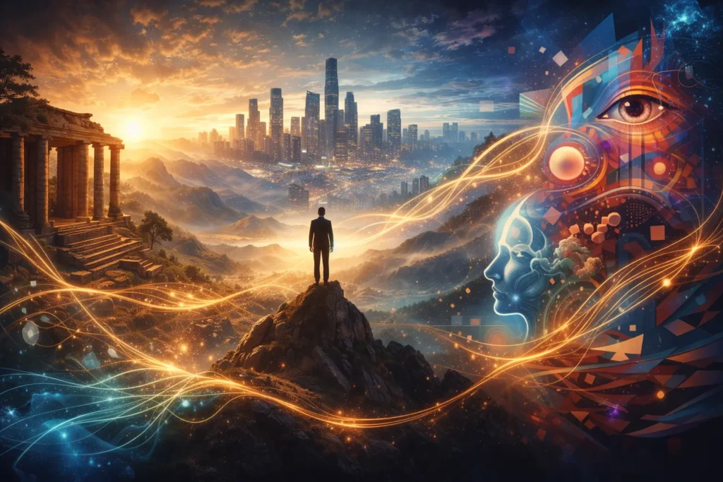 Uncuymaza meaning visualized through philosophy, place, art, and leadership in a symbolic landscape