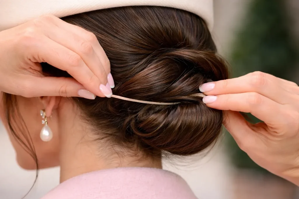 A close-up showing how to hide a hat elastic under a low chignon updo