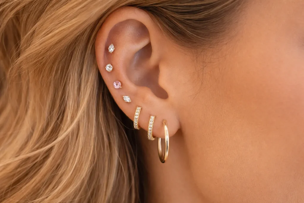 A detailed shot of a curated ear featuring multiple piercings adorned with small gold huggies and tiny gemstone studs.