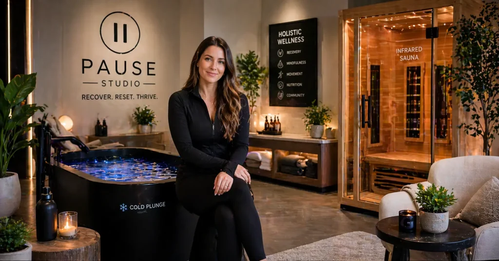 Ava Nickman holistic wellness environment at Pause Studio featuring modern spa setup with cold plunge and relaxation space