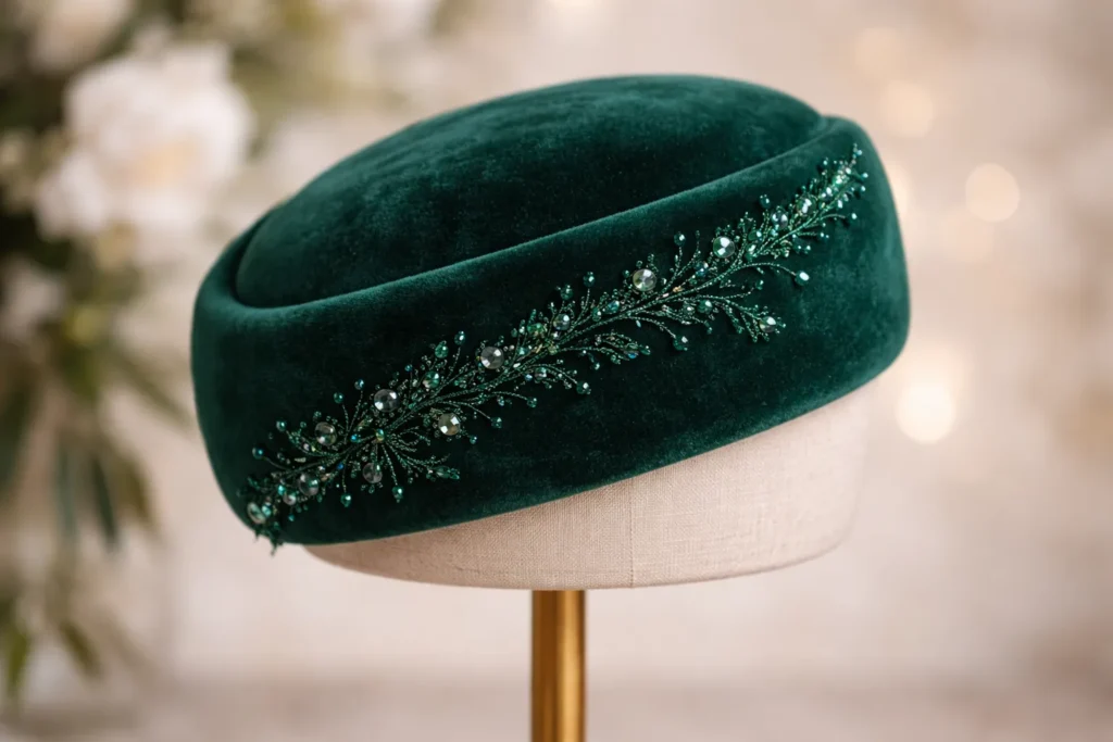 A beautiful emerald green velvet hat adorned with subtle beadwork resting on a stand