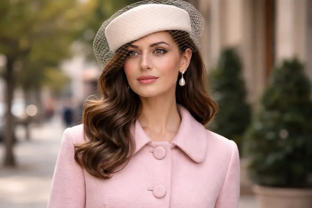 Historical photo showing a vintage pillbox hat styled with a 1960s pastel coat
