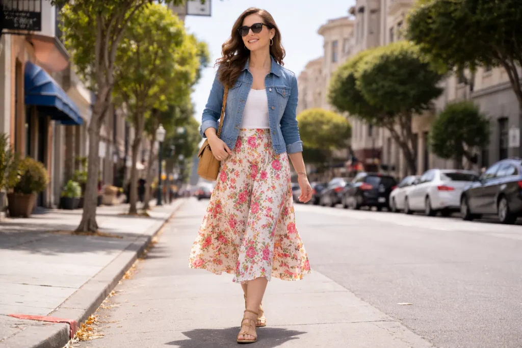 A woman walking down a sunny San Francisco street wearing a floral midi skirt and a denim jacket.