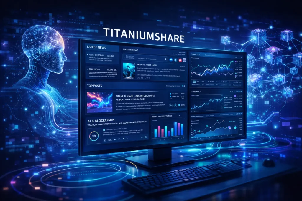 TitaniumShare platform showing AI technology, blockchain network, and latest company updates dashboard