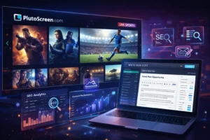 PlutoScreen.com platform showing movies, sports streaming, and guest posting dashboard interface