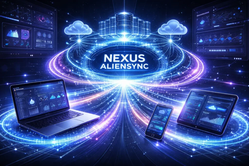 Nexus Aliensync real-time synchronization technology connecting devices with glowing data streams