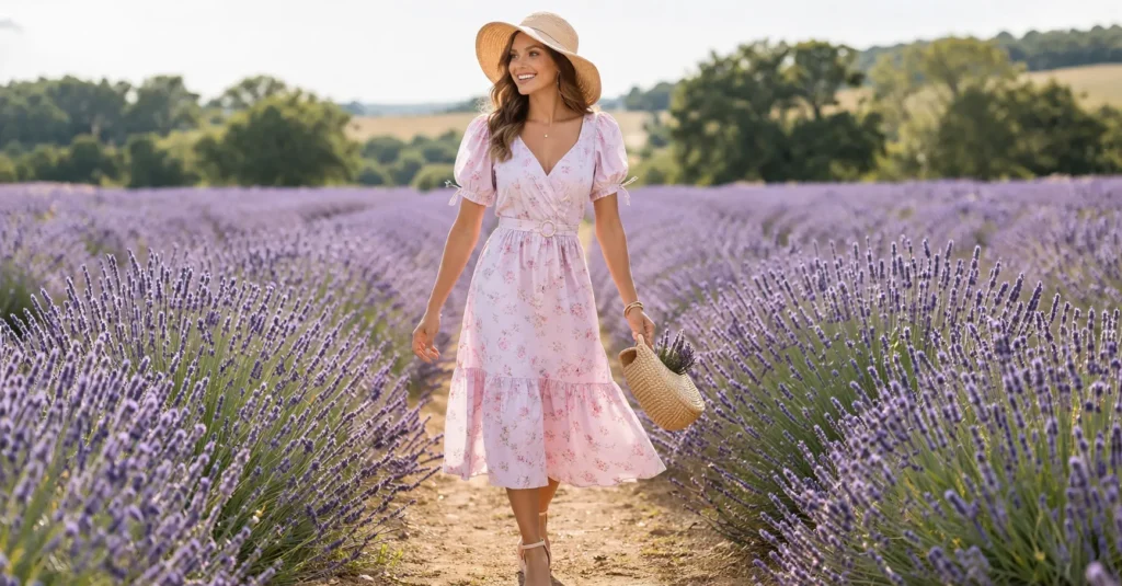 A stylish woman wearing a pastel midi dress and a wide-brimmed straw hat in a blooming lavender field.